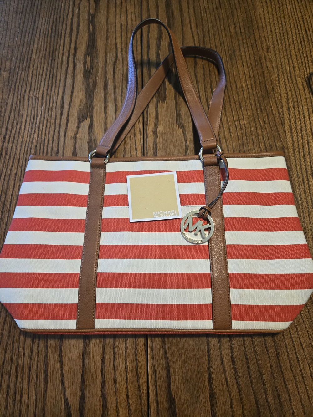 Michael Kors Coral & White Striped Tote with Brown Leather Trim